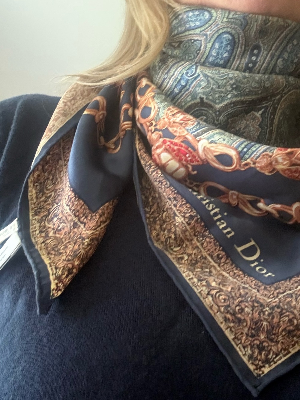 DIOR Vintage SILK Scarf 35” NAVY Gold/Ruby Jewel & Blue-Green Paisley print EUC - Picture 14 of 16